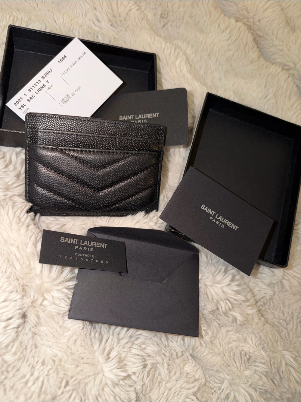 Authentic Saint Laurent YSL Monogram Black Leather Card Holder Gold Logo
